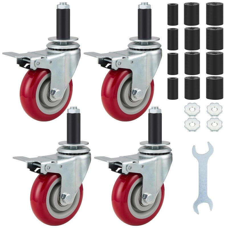 Finnhomy 4 Inch Prep Table Caster Wheels Set of 4 Heavy duty Expanding Stem Casters Fit 7/8", 1", 1-1/2" and 1-5/8" Tube Leg with Brake for Stainless Steel Furniture Legs, Worktable, Kitchen Workbench - Image 1